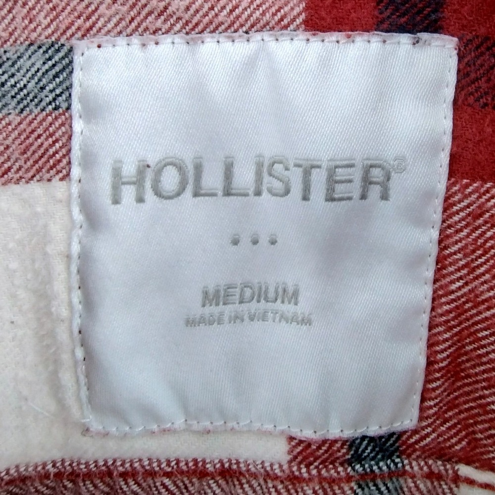 Hollister Mens Flannel Shirt‎ Cranberry White Plaid Button Up Cotton Size Medium - Picture 6 of 9